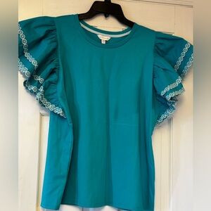 Crown & Ivy Turquoise Blouse with Embroidered Sleeves